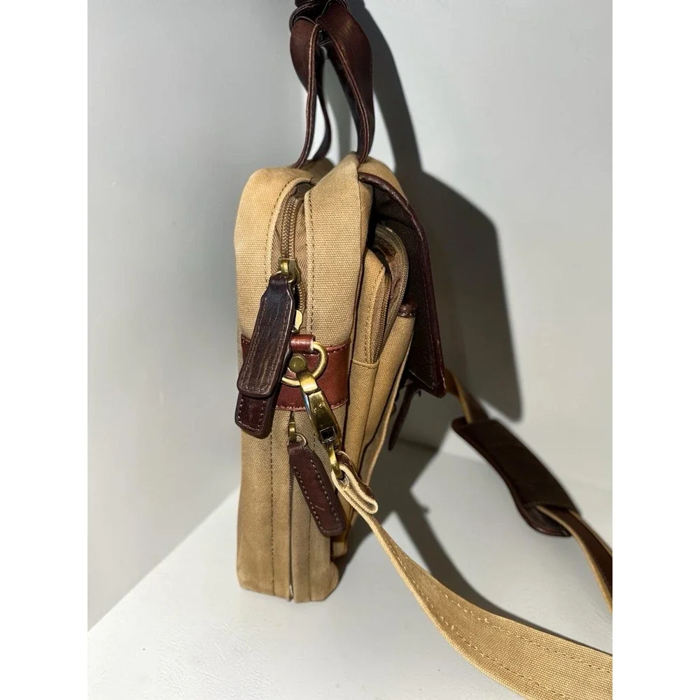 Bosca Leather & Canvas Messenger Bag Briefcase Tan & Brown Attache Laptop Work
